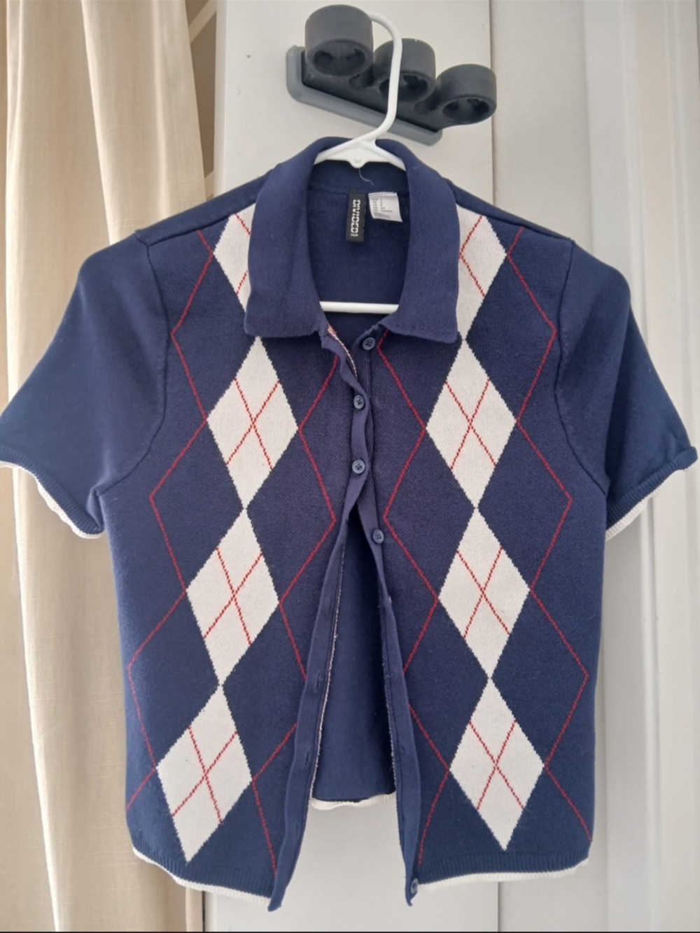 Argyle Short-Sleeve Button-Down Polo Shirt - Navy